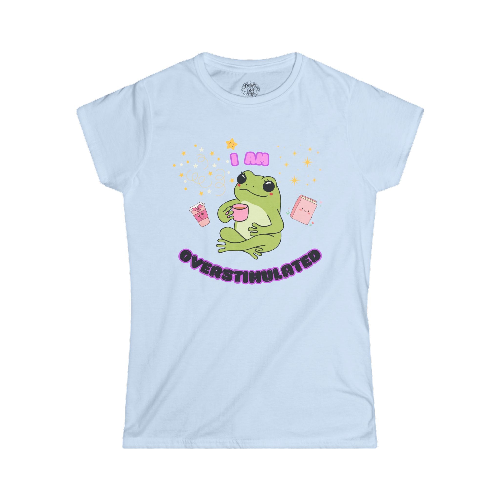 Over Stimulated Frog Tee — Cute Frog Coffee Graphic Women's T-Shirt