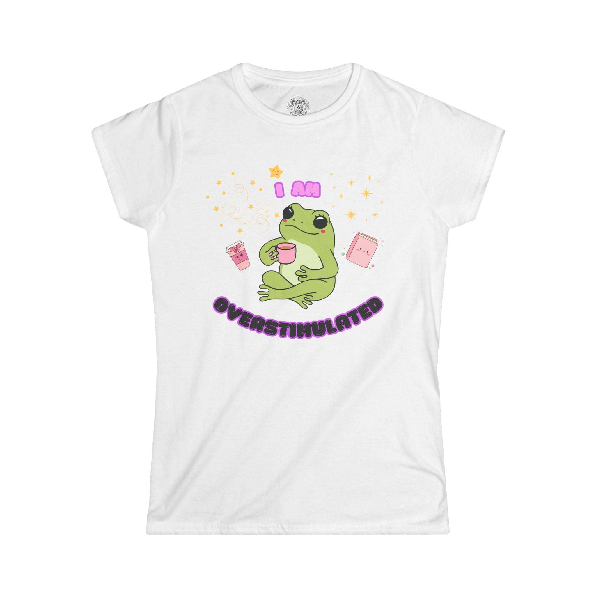 Over Stimulated Frog Tee — Cute Frog Coffee Graphic Women's T-Shirt