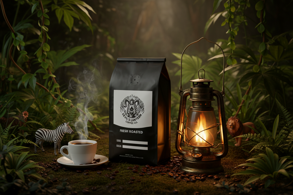 Bag of coffee beans with a lit lantern and steaming espresso cup in a jungle setting, with a toy zebra and lion.