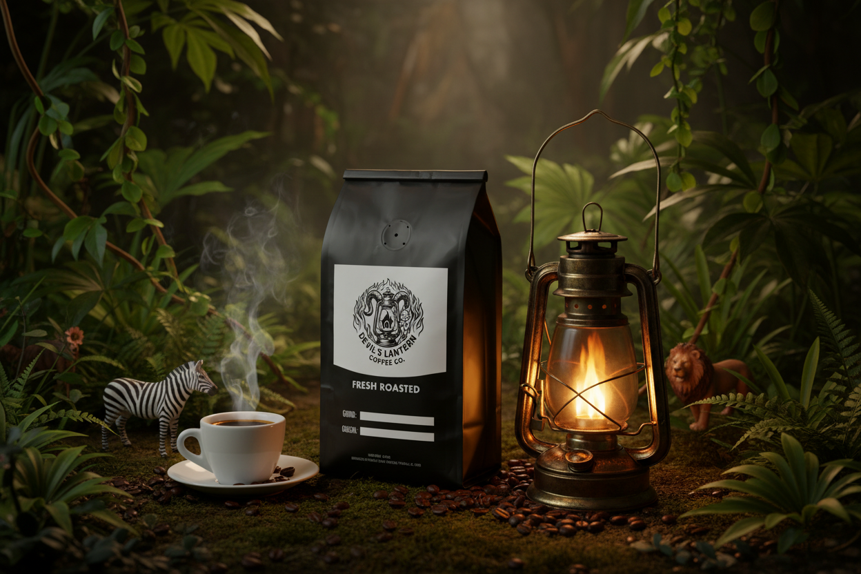 Bag of coffee beans with a lit lantern and steaming espresso cup in a jungle setting, with a toy zebra and lion.