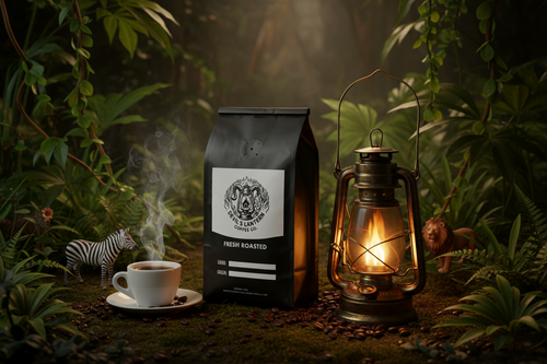 Bag of coffee beans with a lit lantern and steaming espresso cup in a jungle setting, with a toy zebra and lion.