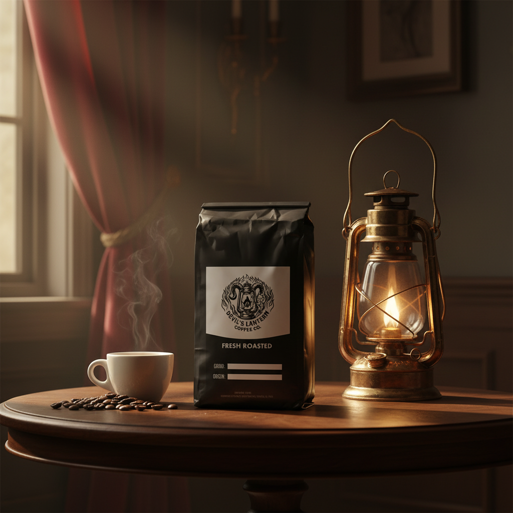 Coffee bag, cup, and lantern on a wooden table with a warm ambiance.