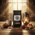 Coffee bag with a cup, lantern, apple slices, walnuts, caramel, and raisins on a wooden counter