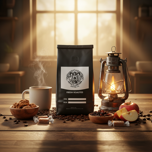 Coffee bag with a cup, lantern, apple slices, walnuts, caramel, and raisins on a wooden counter