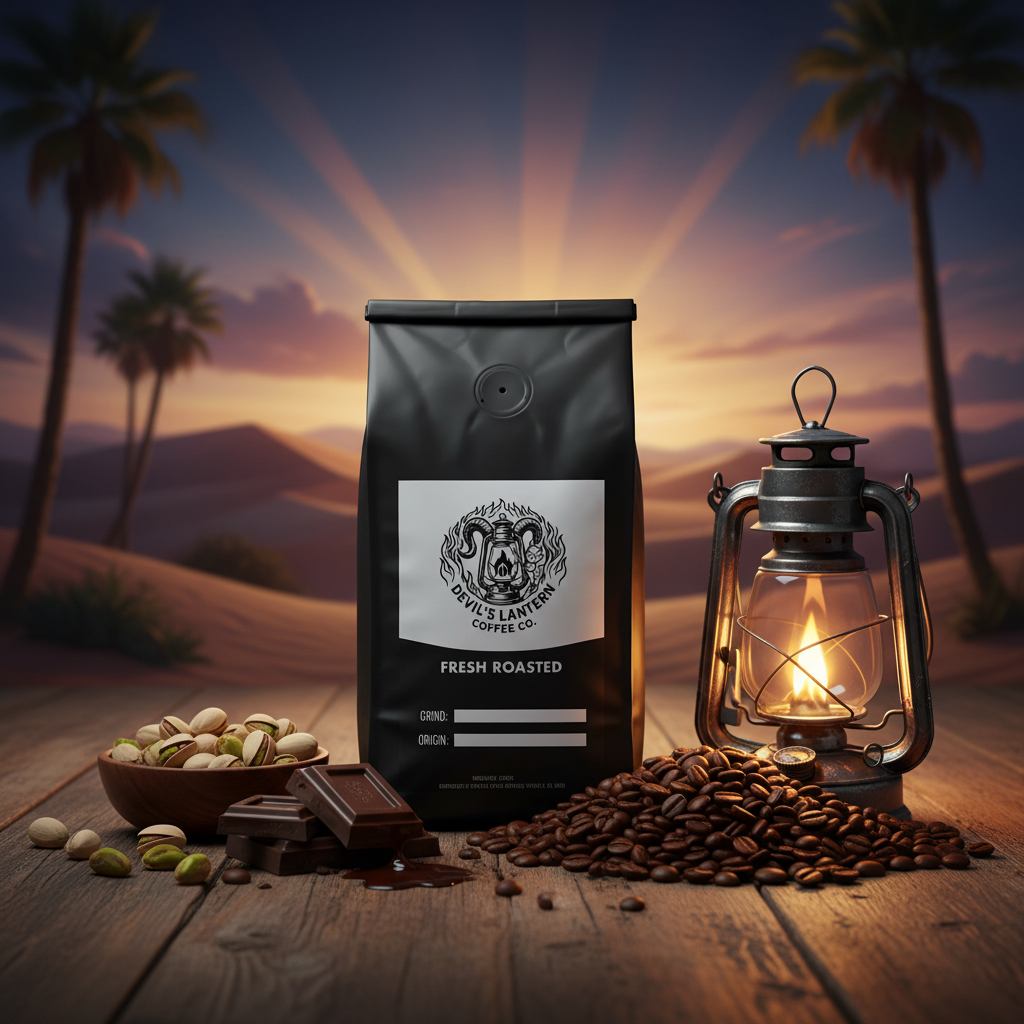Coffee bag with 'Evil's Lantern Coffee Co.' branding on a wooden surface with coffee beans, chocolate, and nuts, set against a desert sunset.