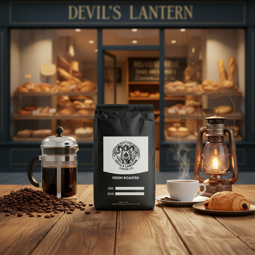 Devil's Lantern coffee bag with coffee beans, French press, cup, and croissant on a wooden table in front of a bakery.