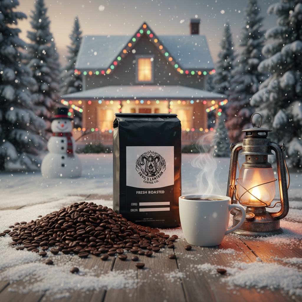 Coffee beans, a bag of coffee, a cup, and a lantern on a snowy surface with a cozy house in the background.
