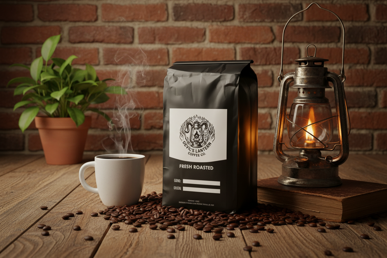 Coffee bag with a cup and lantern on a wooden table against a brick wall.