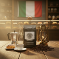 Coffee setup with a bag of coffee beans, cup, and moka pot on a wooden table with an Italian flag in the background.
