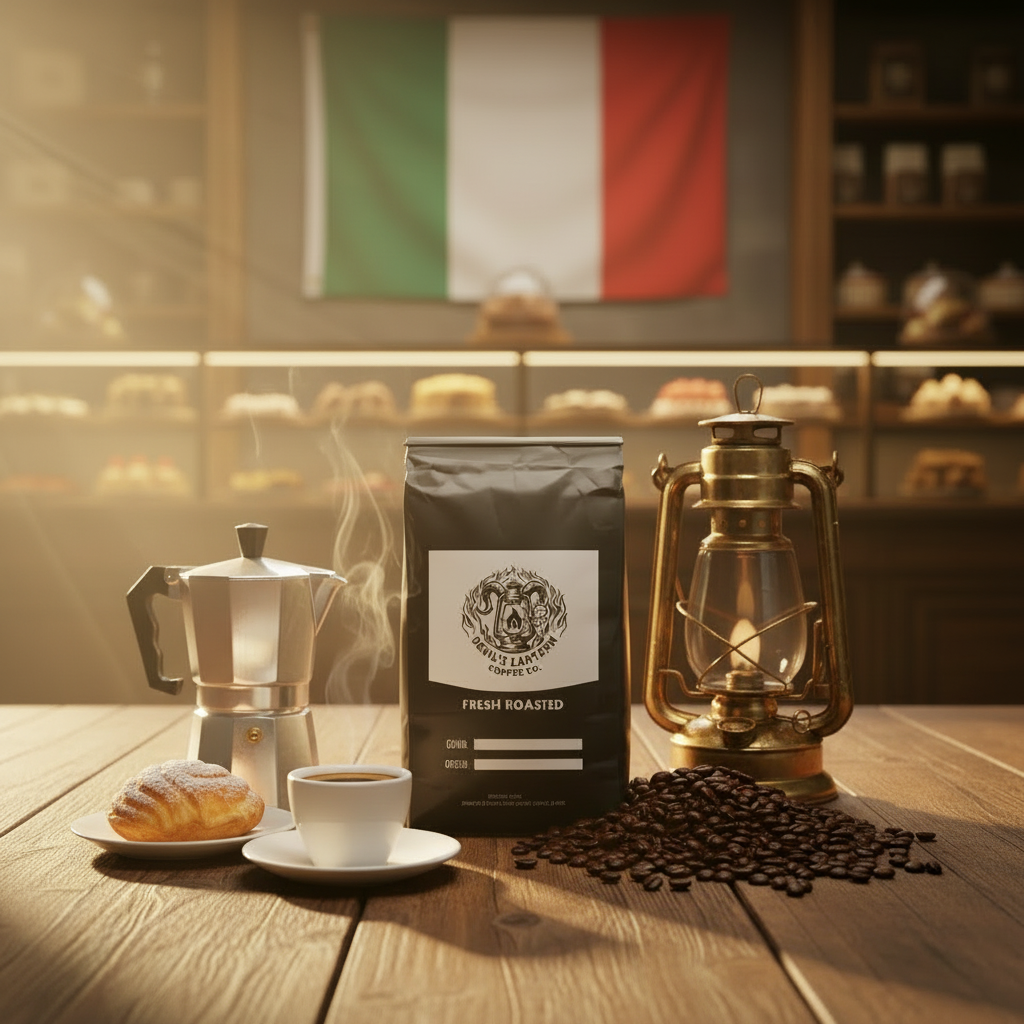 Coffee setup with a bag of coffee beans, cup, and moka pot on a wooden table with an Italian flag in the background.