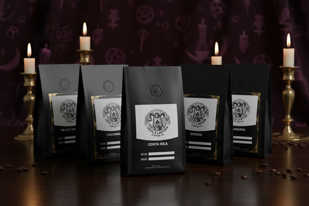 Five black coffee bags with labels on a dark surface with candles and a dark background.